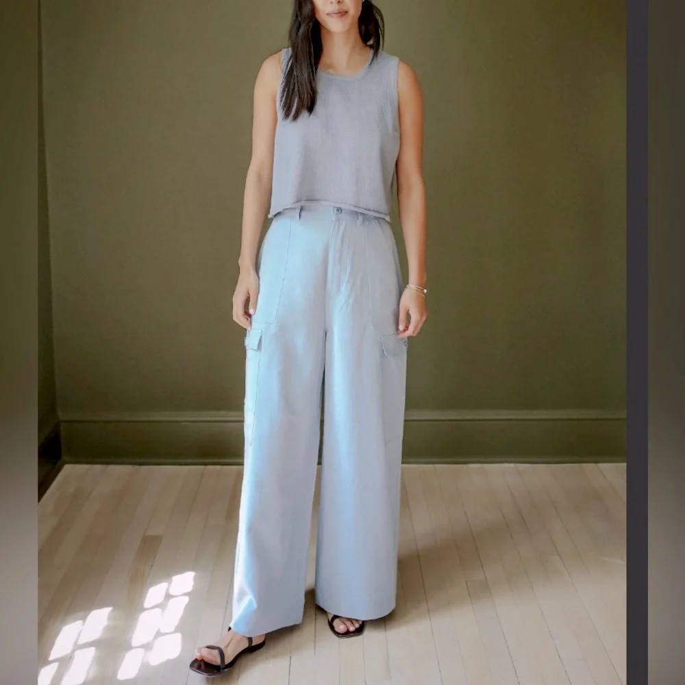 Sister Katie -Women's The Jen Cargo Light Dusty Blue Wide-Leg Pants high waist S